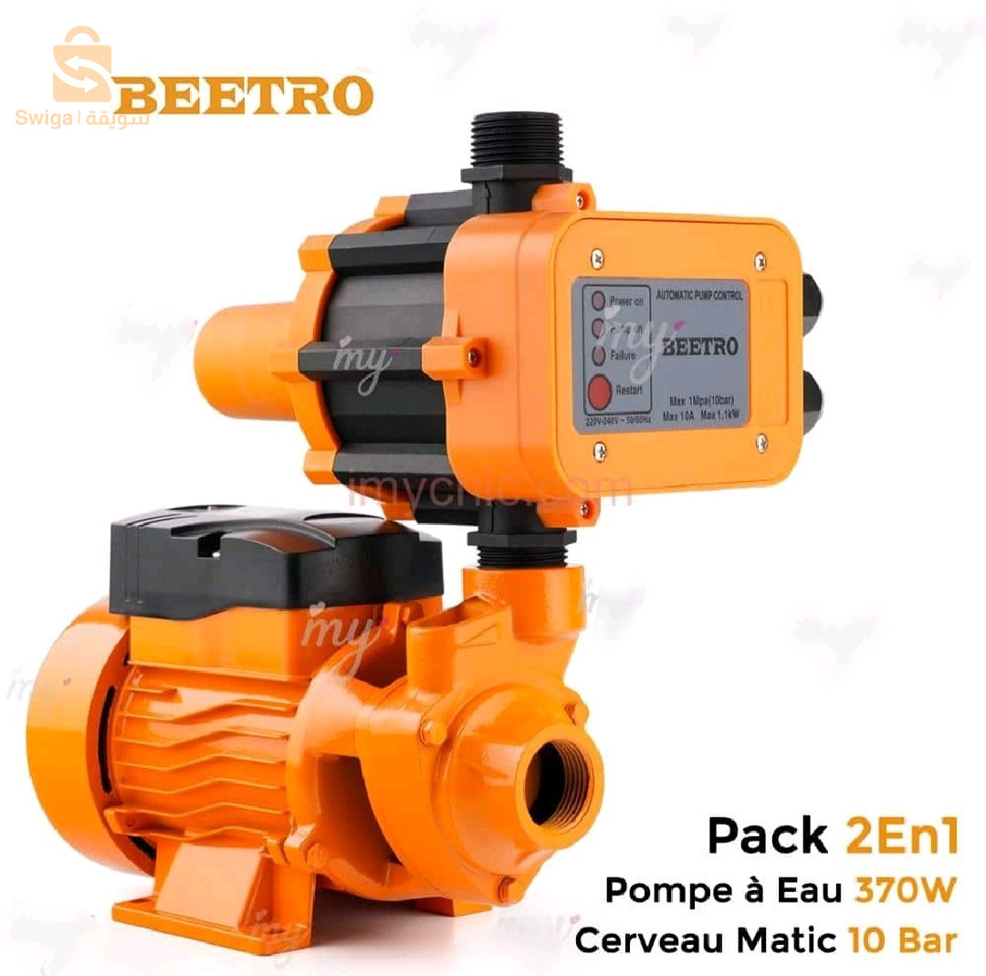 Pack Pompe à Eau 370W + Cerveau Matic 10 Bar
Pompe à Eau 370W Beetro BE0064:
Tension: 220V~50Hz. Puissance Absorbée : 370W (0,5 CV). Débit Maximal: 28 l/min. Indice de Protection: IPX4. Hauteur Maximale : 28 m. Aspiration Maximale : 8 m.

Cerveau Matic 10 Bar Beetro BE0105:
Tension : 220 V~50 Hz. Pression de Débit: 22 bar. Courant maximum : 10 A. Température maximale : 60 °C. Pression maxi : 10 bars. Indice de Protection : IP65.