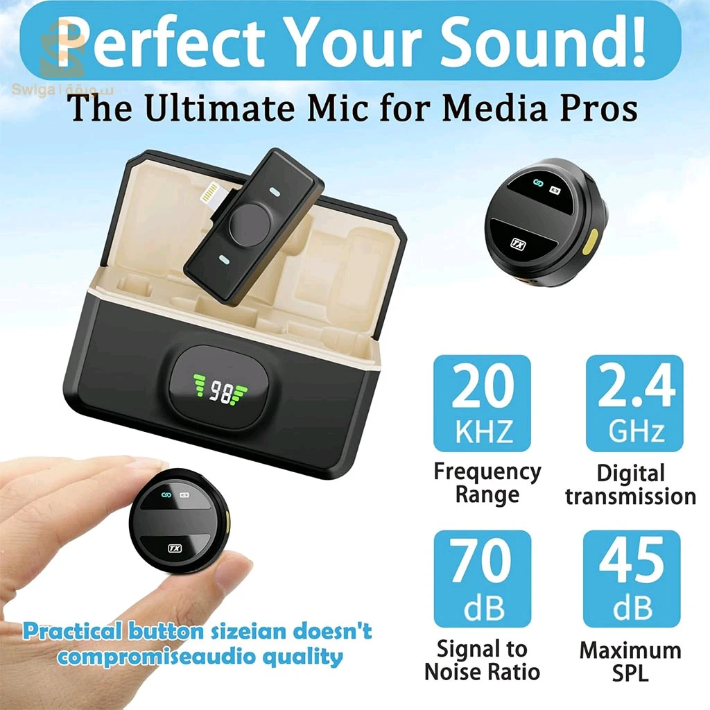 🎤 Double Microphone Clip-on احترافي لاسلكي + علبة شحن ذكية