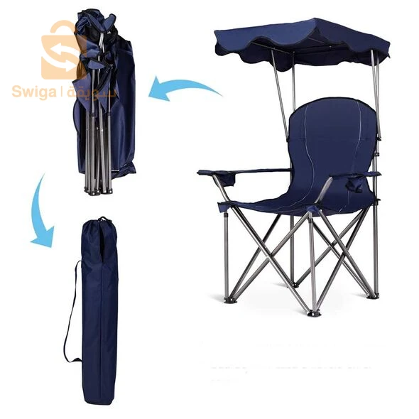 كرسي الاسترخاء قابل للطي بتصميم متين بحاملة أكواب و مظلة لخرجات التنزه و التخييم Chaise Longue Pliable Avec Porte Goblet Et Ombrelle