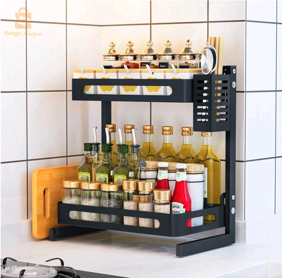 رف توابل مكون من طبقتين لخزانة المطبخ متعدد الوظائف من الفولاذ المقاوم للصدأ