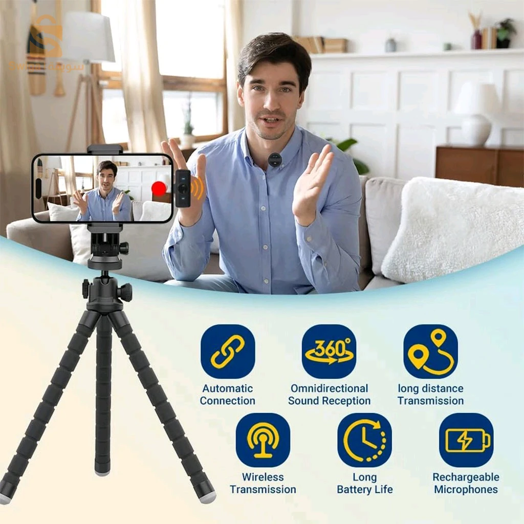 🎤 Double Microphone Clip-on احترافي لاسلكي + علبة شحن ذكية