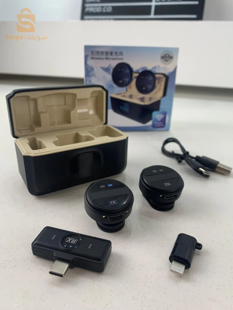 🎤 Double Microphone Clip-on احترافي لاسلكي + علبة شحن ذكية