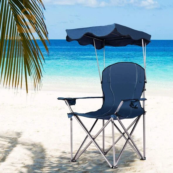 كرسي الاسترخاء قابل للطي بتصميم متين بحاملة أكواب و مظلة لخرجات التنزه و التخييم Chaise Longue Pliable Avec Porte Goblet Et Ombrelle