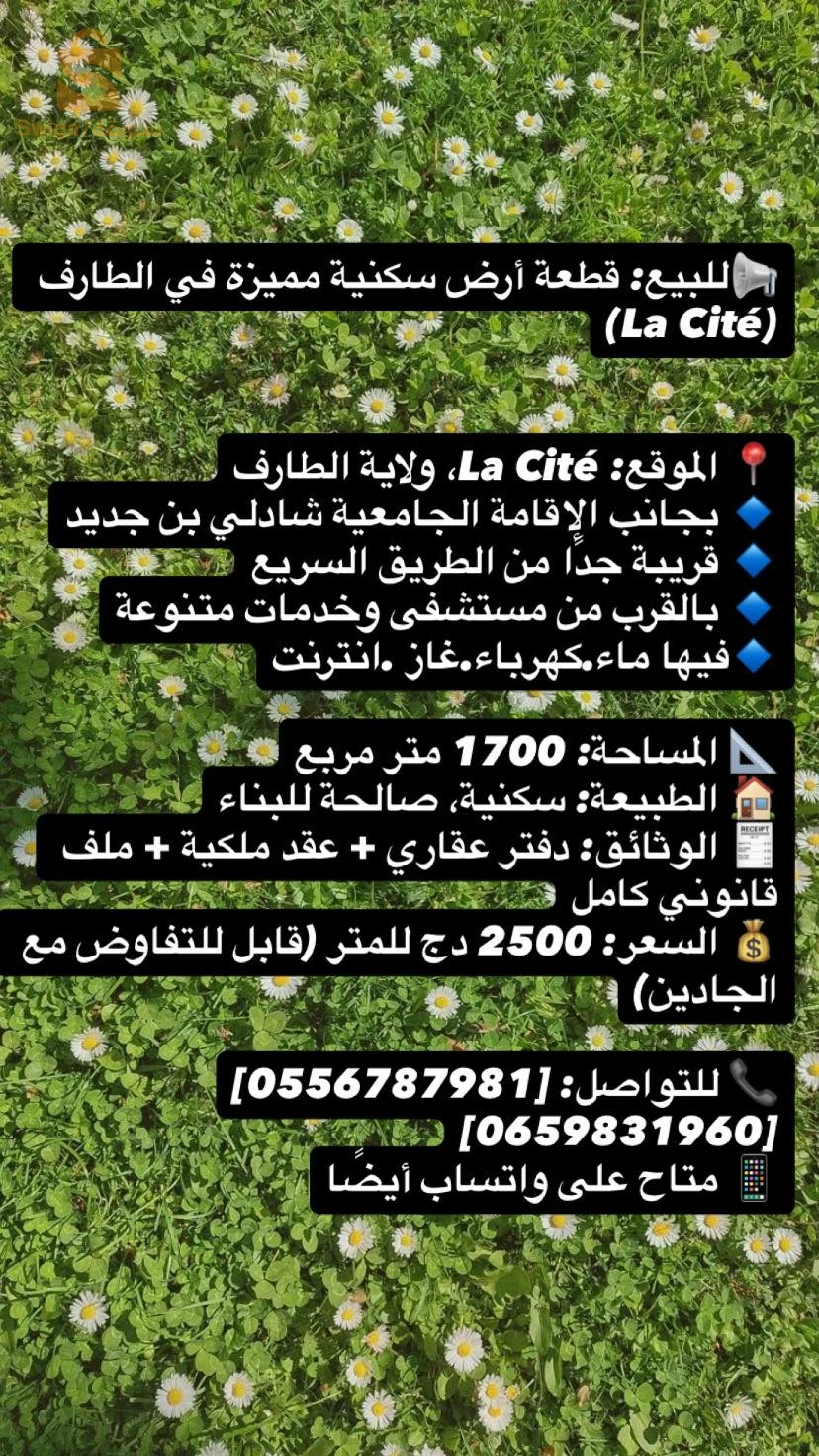 للبيع اراضي سكنية عدد الغرف 36 الطارف