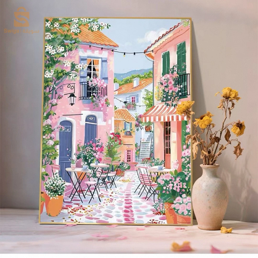 cadre de  Rue fleurie méditerranéenne, décoration murale colorée