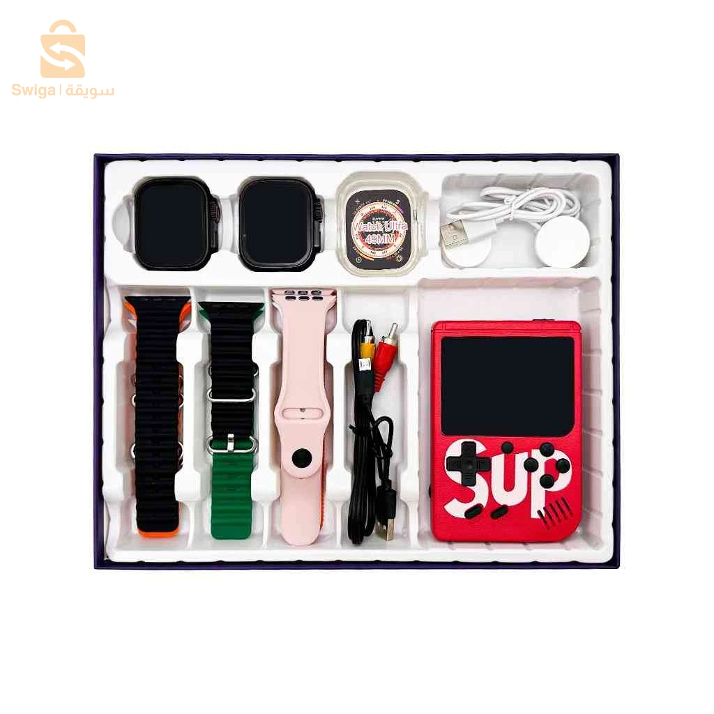 H500 Pack 2 Smartwatch Ultra X2 avec 7 Bracelets et SUP Gamebox 400 Jeux – طقم ساعتين ذكيتين مع جهاز ألعاب كلاسيكية