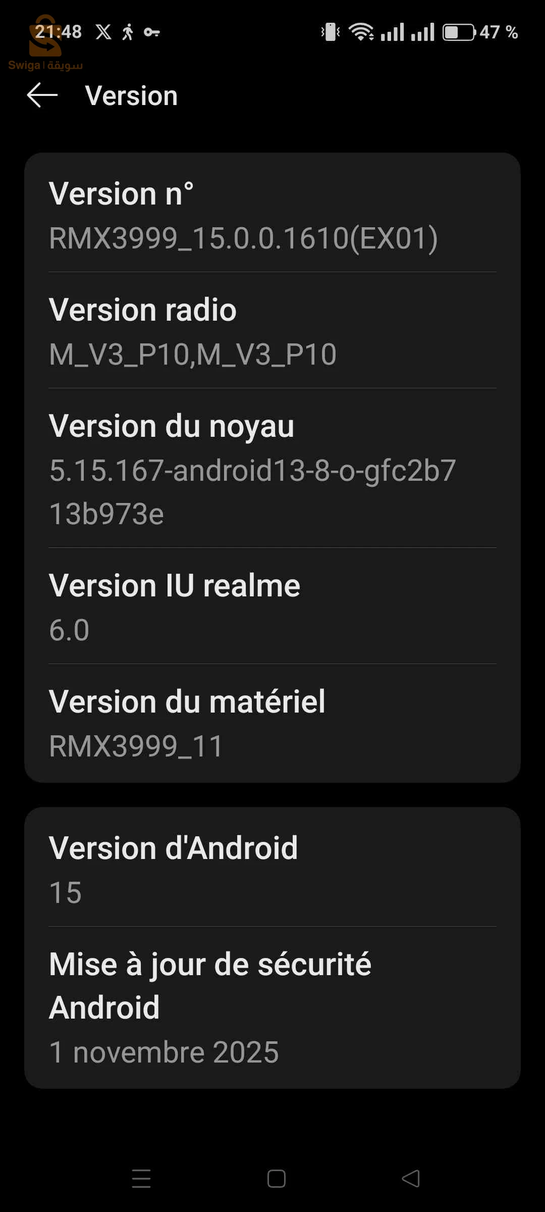 Realme 12 5G . état presque neuf 9, 5/10 .
Ram 8 Go ( possibilité d'ajouter 4 Go) voir fiche technique.
Mémoire 512 Go.
Android 15.
Batterie 5000Ma
Supporte la 5G.