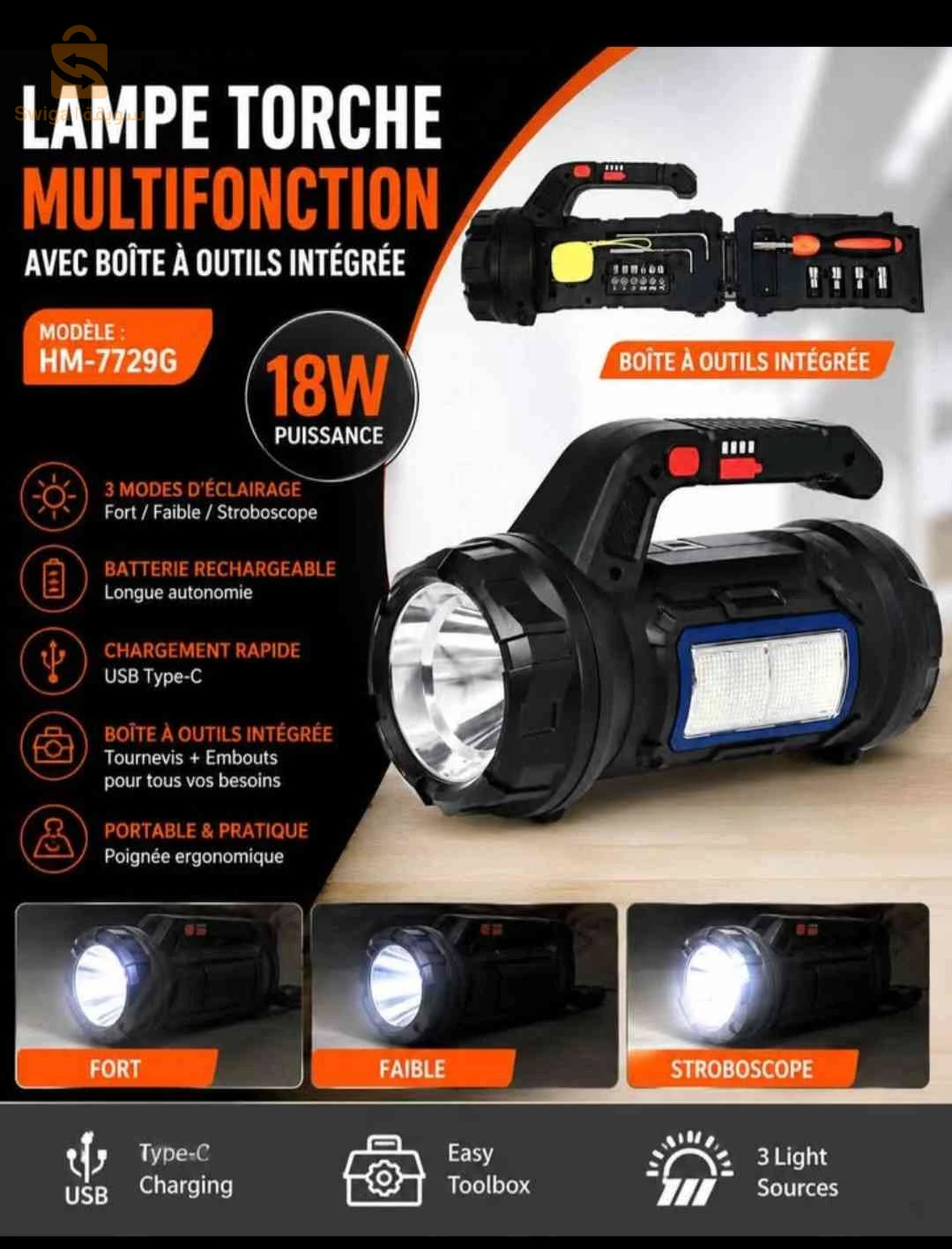 Lampe torche LED multifonction rechargeable 18W