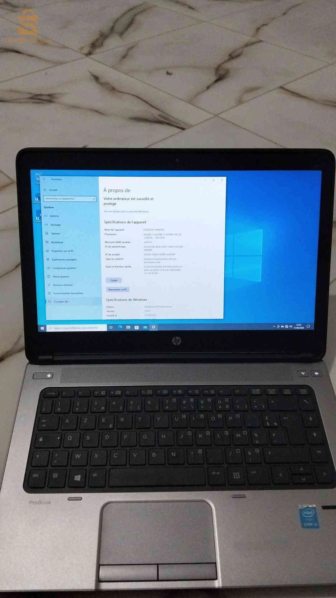 💻 الموديل: HP ProBook 640 G1
⚙️ المعالج: Intel Core i5-4210M
🧬 الجيل: الرابع
🔥 الأنوية: 2 Cores / 4 Threads
⚡ السرعة: 2.60 GHz، حتى 3.20 GHz Turbo
🧠 RAM: 4 GB DDR3
🎮 كارت الشاشة: Intel HD Graphics 4600
🖥️ الشاشة: 14 بوصة
