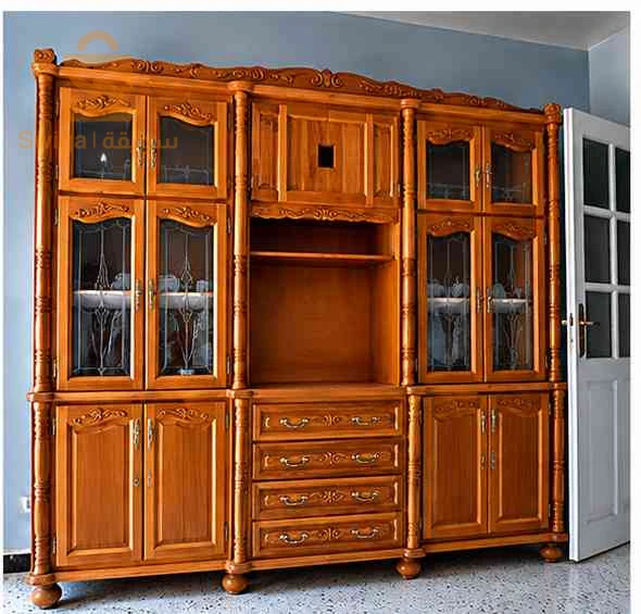 Bibliothèque en bois avec vitrines et tiroirs