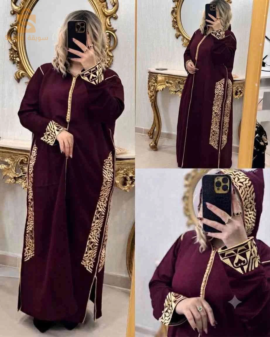 جلابة نسائية أنيقة بقماش المليفة الفاخر مع تطريز ذهبي راقي