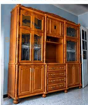 Bibliothèque en bois avec vitrines et tiroirs