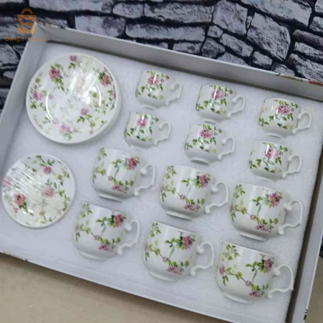 ✨ طقم قهوة وردي متكامل 24 قطعة لطاولتك – Set à café fleuri complet 24 pièces