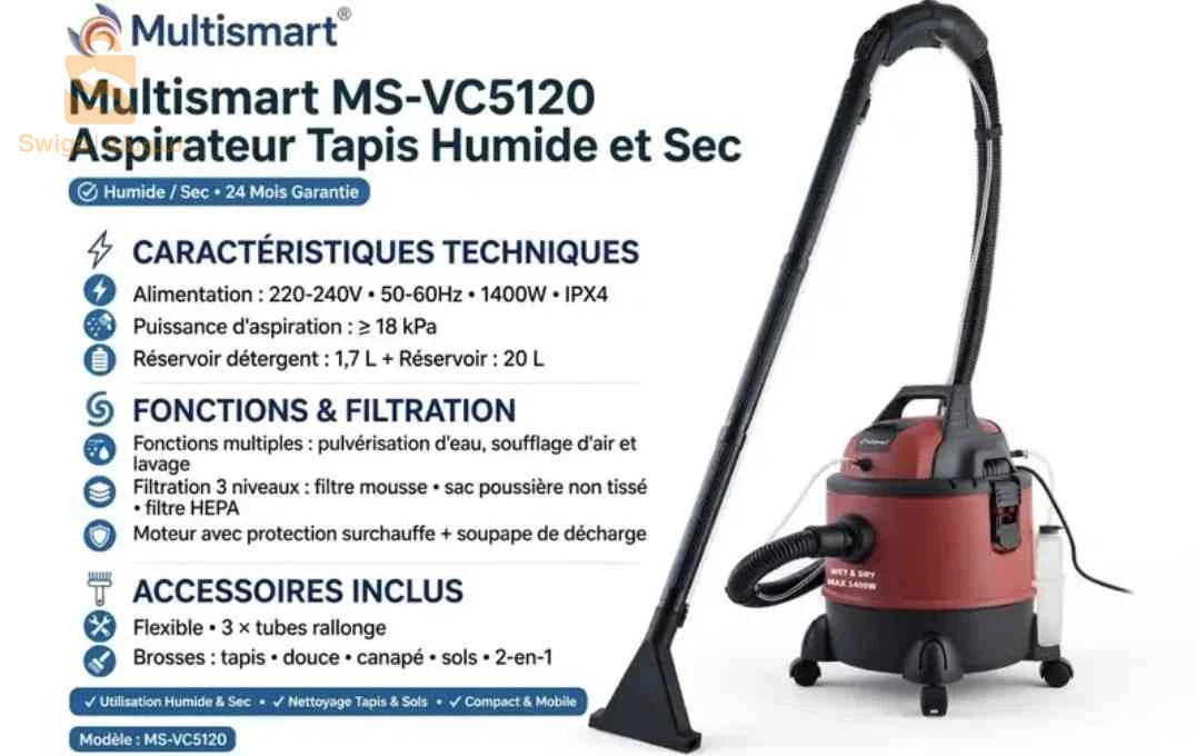 Aspirateur lifting Eau et Poussière 20L 1400W Multismart VC5120