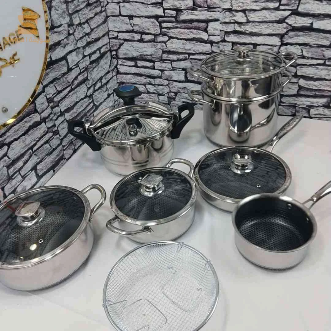 📦 طقم كوزينة قدرة كسكاس + كوكوطة + مقلاة + كسرونة +2 مرميطات وشبكة فريت ثقال | Pack Cuisine Inox 12Pcs
