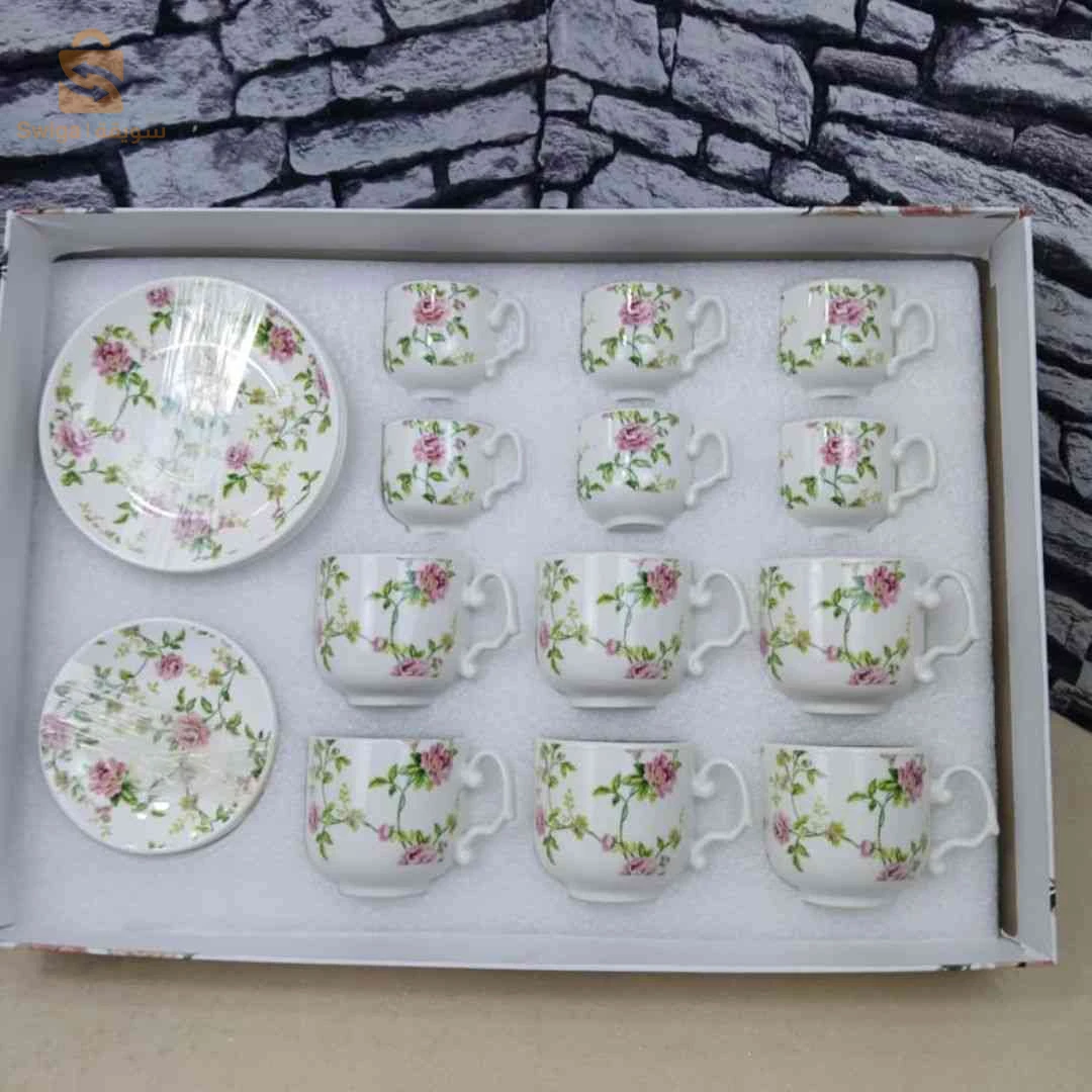 ✨ طقم قهوة وردي متكامل 24 قطعة لطاولتك – Set à café fleuri complet 24 pièces