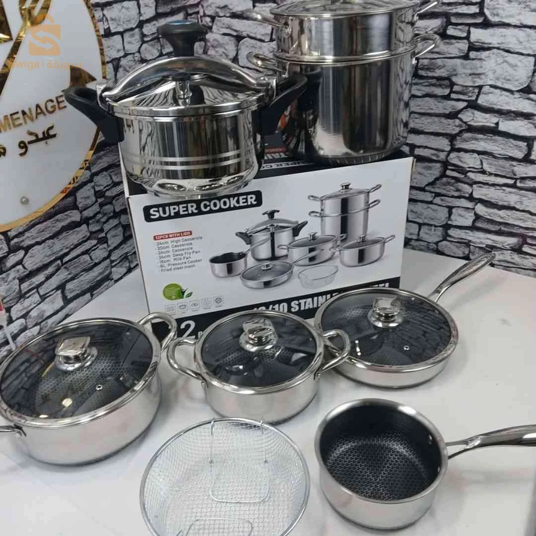 📦 طقم كوزينة قدرة كسكاس + كوكوطة + مقلاة + كسرونة +2 مرميطات وشبكة فريت ثقال | Pack Cuisine Inox 12Pcs