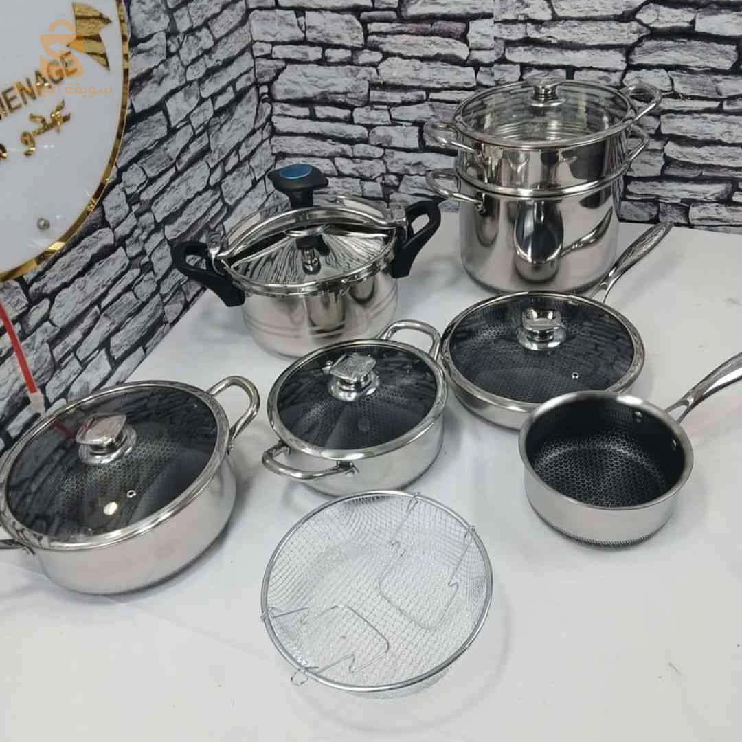 📦 طقم كوزينة قدرة كسكاس + كوكوطة + مقلاة + كسرونة +2 مرميطات وشبكة فريت ثقال | Pack Cuisine Inox 12Pcs