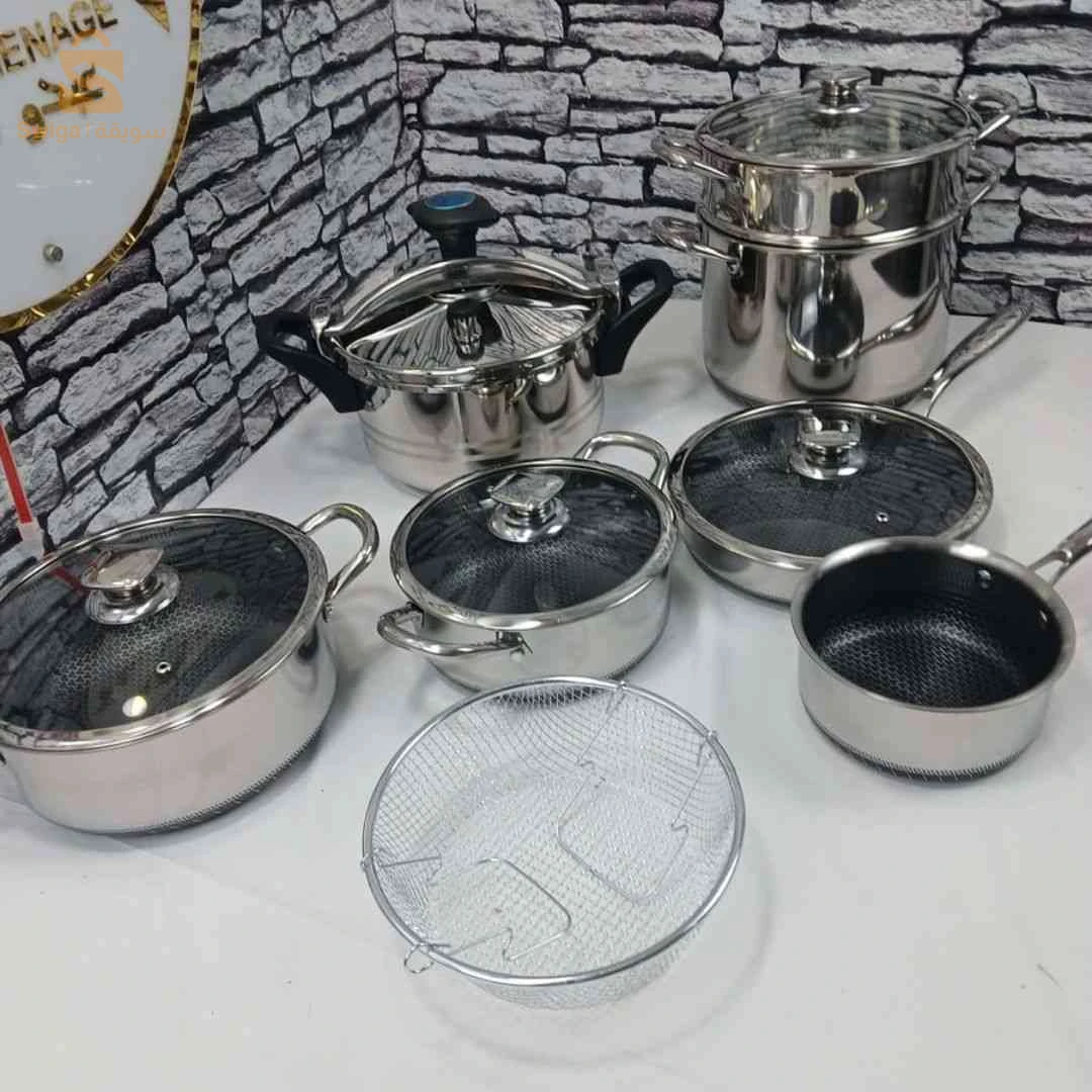📦 طقم كوزينة قدرة كسكاس + كوكوطة + مقلاة + كسرونة +2 مرميطات وشبكة فريت ثقال | Pack Cuisine Inox 12Pcs