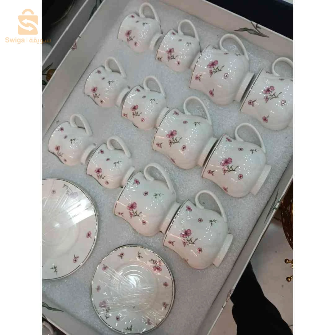 🌸 طقم فناجل قهوة بالورود بصحونها – Tasses à café fleuries avec soucoupes
