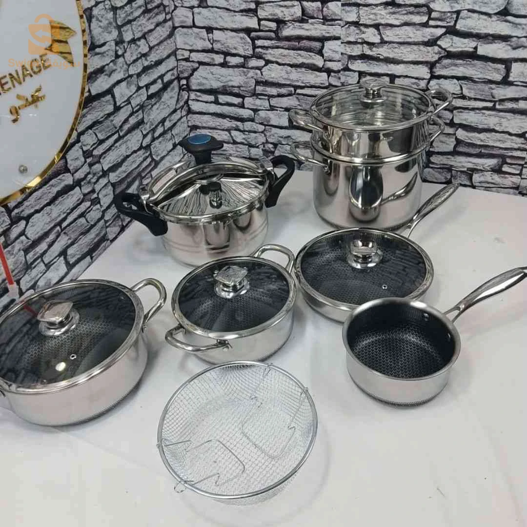 📦 طقم كوزينة قدرة كسكاس + كوكوطة + مقلاة + كسرونة +2 مرميطات وشبكة فريت ثقال | Pack Cuisine Inox 12Pcs
