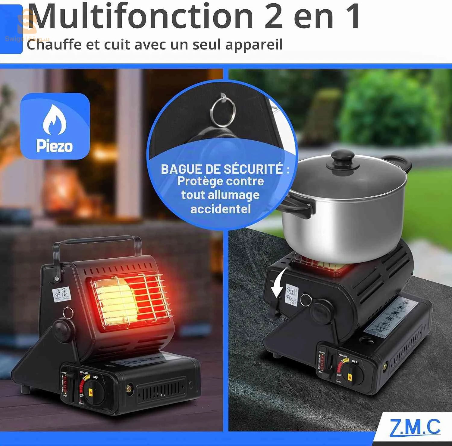 Chauffage à Gaz Portable 2 en 1 avec Allumage Piézo - مدفأة غاز محمولة 2 في 1 للتدفئة وتسخين الطعام