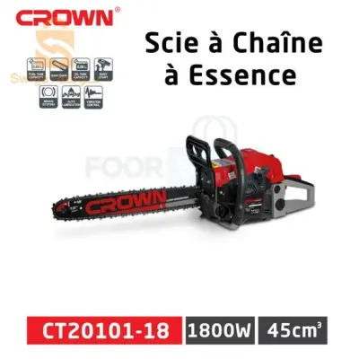 CROWN Scie à Chaîne à Essence 450mm 45cc 1800W CT20101-18
 Puissance d'entrée: 1800W

Chaîne pour scie Oregon.

Lubrification automatique.

Démarrage facile.

Poignée anti-vibrations.

Système de freinage efficace.

Vitesse de marche au ralenti: 3000±250 min¹.

Vitesse de la chaîne de la scie (par puissance moteur 100%/133%): 15,8/21 m/s.

Cylindrée du moteur: 45 cm³.

Caractéristiques moteur 1 cylindre - 2 temps - Refroidissement par air.

Capacité du réservoir de carburant: 550 ml.

Capacité du réservoir d’huile (pour lubrifier la chaîne de la scie): 260 ml.

Longueur de la chaîne: 450 mm, 18".

Poids net: 5,54 kg