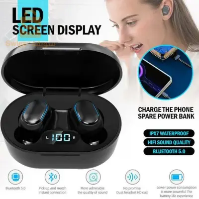 5.0, E7S TWS Affichage LED, étanches, avec boîte de charge - Noir سماعات الأذن اللاسلكية