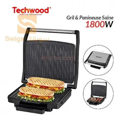 شواية وصانعة بانيني صحية بهيكل خارجي من الفولاذ المقاوم للصدأ 1800واط Techwood TGD-038