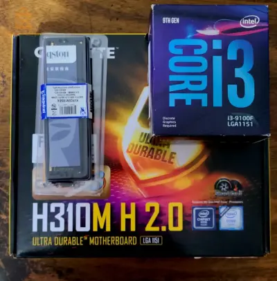 Ensemble performant à vendre : Processeur i3 9100F, carte mère H310 MH 2.0, et 8 Go de RAM DDR4 2666 MHz