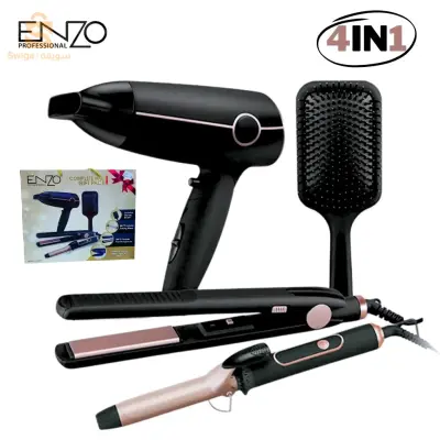 مجموعة PACK Enzo Professional 4in1 الأصلية (مجفف + فرشاة تسخين + مملس + مجعد) EN-6302$👍
