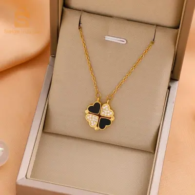 Collier avec Pendentif Magnétique en forme de Trèfle -Noir et Doré