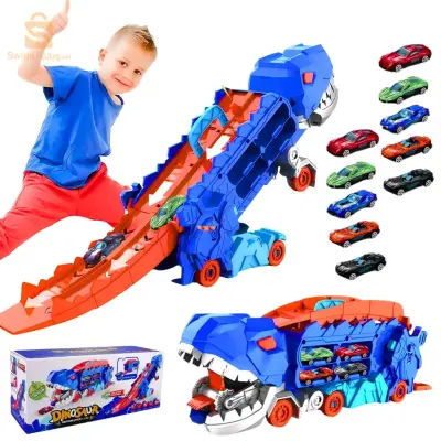 Camion Dinosaure Transformable en Circuit de Course Voiture avec 10 Voitures +3 ans
