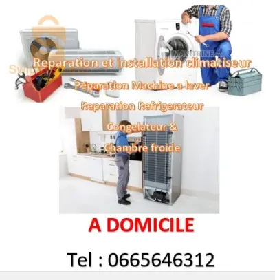 réparation et installation tous types de climatiseur 
charge tous types de freon 
réparation de lave linge
réparation de réfrigérateur et frigo , congélateur, chambre froide