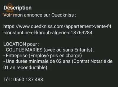 Location F4 Meublé et Équipé - Nv Ville Constantine