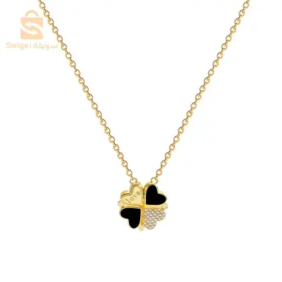 Collier avec Pendentif Magnétique en forme de Trèfle -Noir et Doré