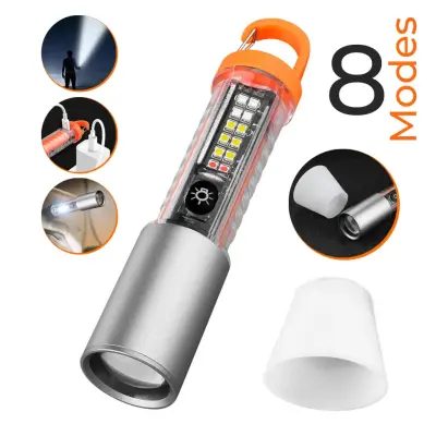 Lampe de Poche LED Multi-Fonction avec Zoom, Laser et 8 Modes d’Éclairage – Torche Étanche pour Camping d’Urgence avec Magnet
