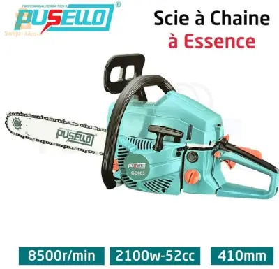 Pusello Scie à Chaîne à Essence Pusello Scie à Chaîne à Essence 410mm 52cc 2100W منشار مسنن يعمل بالبنزين أصلي من Pusello عالي الأداء.قطع سريع ومحكم بسرعة دوران تصل 8500 دورة/دقيقة.تشغيل سهل مع مقبض مريح مضاد للإهتزاز والإنزلاق.محرك بقوة 2100 واط وخزان زيت بسعة 260 مل.سعة خزان الوقود: 550 مل.طول السلسة: 410 مم.