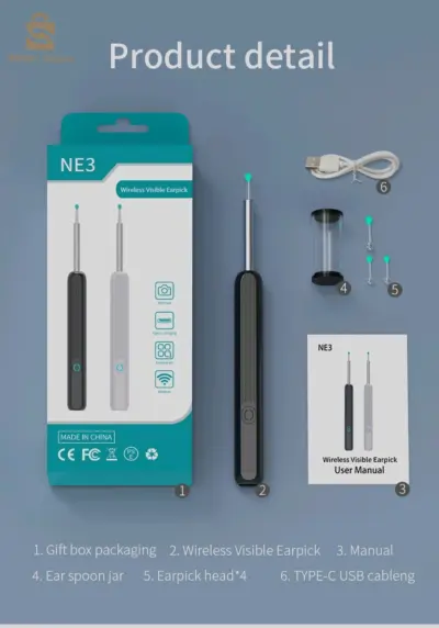 طقم تنظيف الأذن اللاسلكي الذكي مع كاميرا وإضاءة LED NE3
Kit de nettoyage des oreilles intelligents sans fil avec caméra et lumière LED NE3Kit de nettoyage des oreilles intelligents sans fil avec caméra et lumière LED NE3