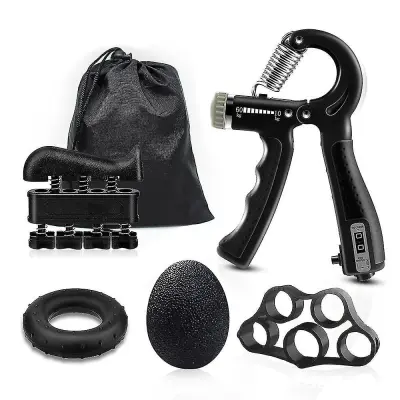 Kit de renforcement de la poignée (5 Pieces) entraîneur de force de préhension, entraînement de l'avant-bras, réglables, renforcement des doigts, anneau et balle anti-stress avec sac de transport مجموعة تقوية قبضة اليد (5 قطع)